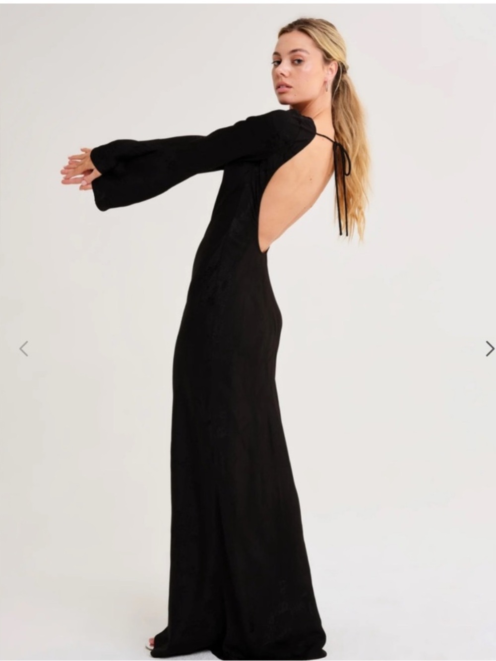 Open-Back Black Maxi Dress with Bell Sleeves